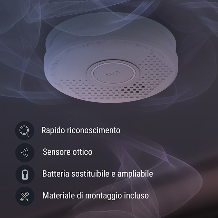 Rilevatore di fumo DOF19, plastica, segnale d'allarme: 85 dB, 9V, a batteria