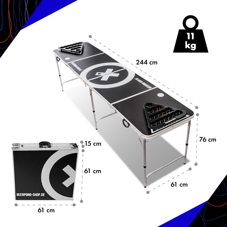 Baseliner, set sa beer pong stolom, audio, ručke, držač loptica, 6 loptica Play stol i šalica (crvena / plava)