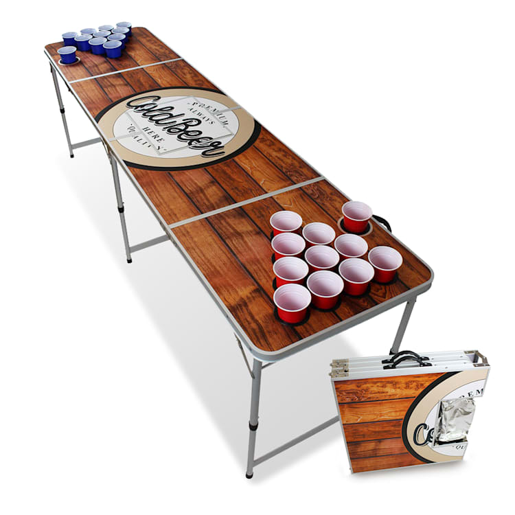 Set table de beer pong Backspin en bois compartiment réfrigéré 6 balles 100 gobelets Table de jeu et tasse (rouge / bleu)