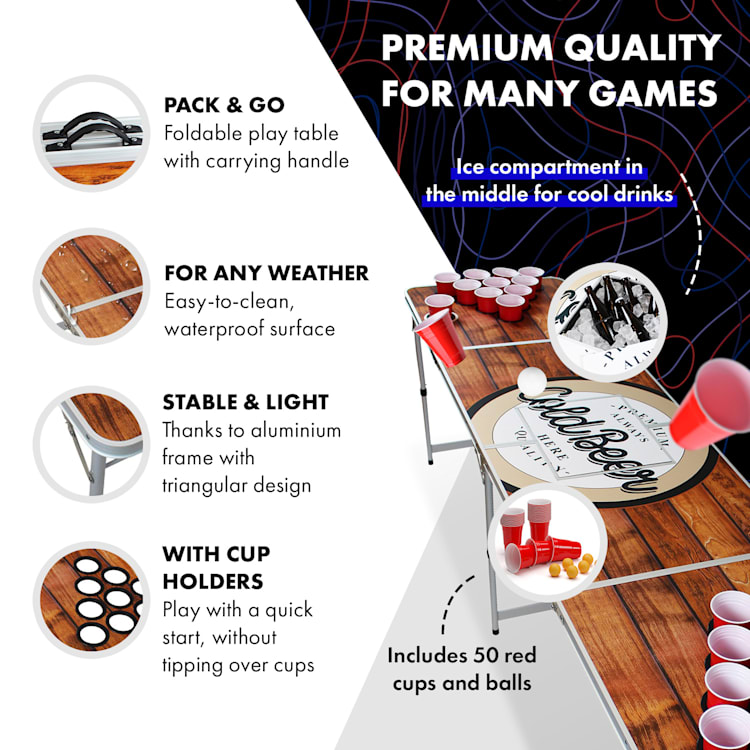 Backspin Beer Pong,masă, set, de lemn, compartiment pentru gheață, 6 mingiuțe, 50 de pahare