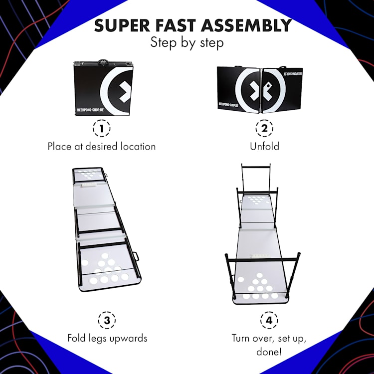 Baseliner, set de masă pentru beer pong, audio cup hole black line, suporturi, 6 biluțe Tabelul de joc și cană (roșu / albastru)