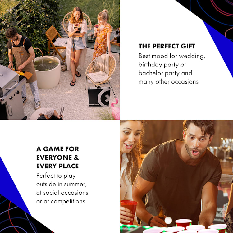 Baseliner, set de masă pentru beer pong, audio cu LED, suporturi, suport pentru biluțe, 6 biluțe