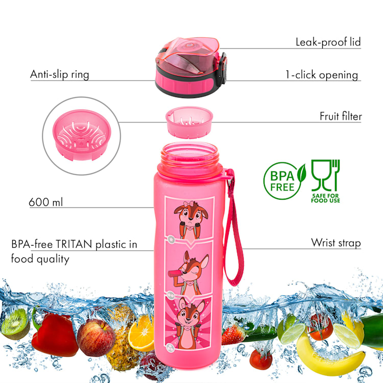 Lyseren kinderdrinkfles 600 ml met schaalverdeling lekvrij vruchtfilter Candy Pink