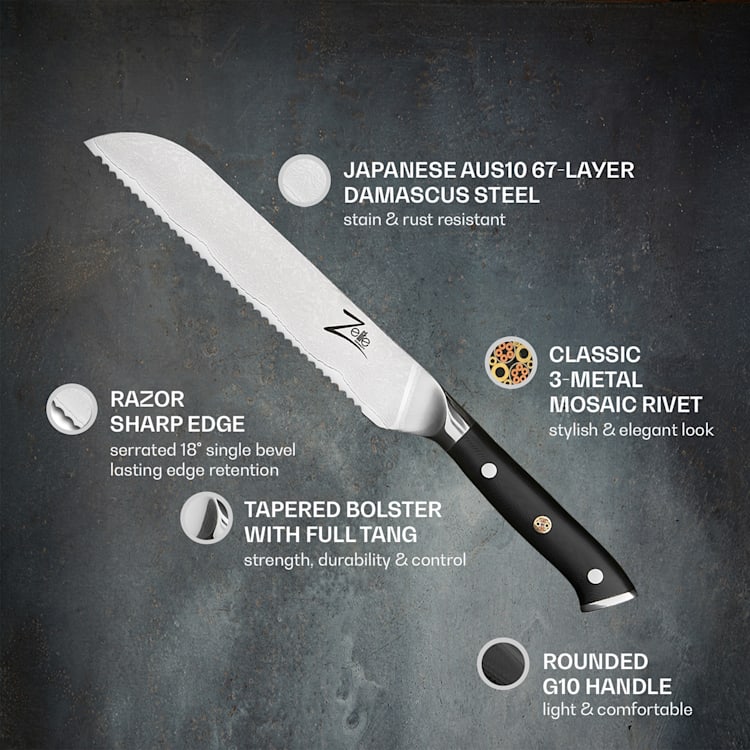 Cuchillo para pan de 8" serie japonesa Alpha-Roya de acero de Damasco con borde dentado de 18° Bread knife