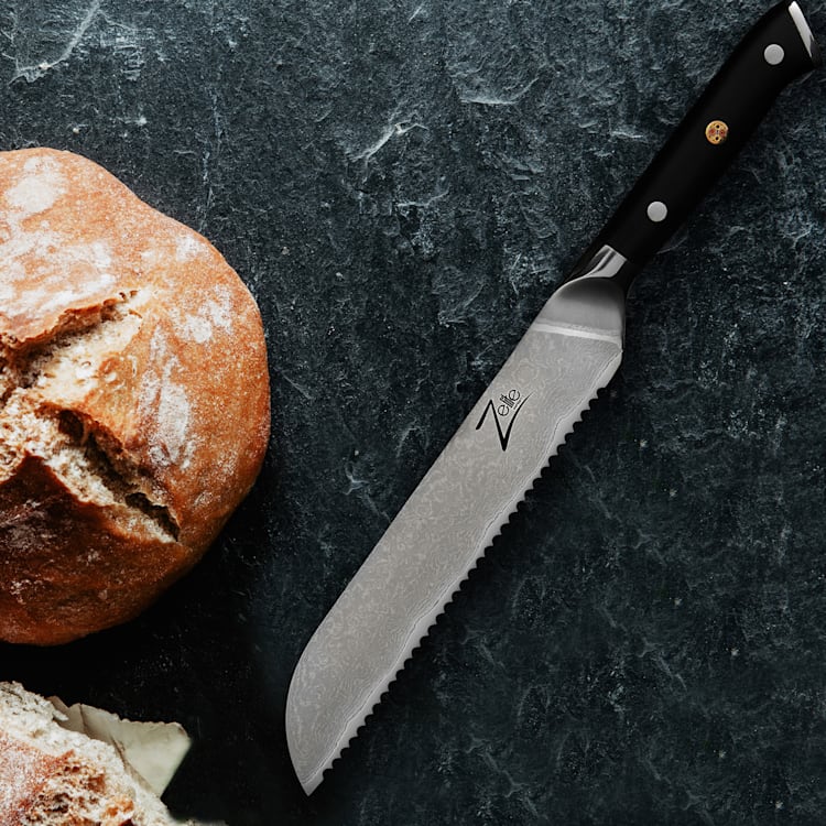 Cuchillo para pan de 8" serie japonesa Alpha-Roya de acero de Damasco con borde dentado de 18° Bread knife