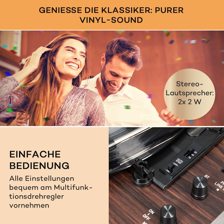 auna TT-Classic Chrono Plattenspieler Staubschutz Bluetooth inkl. Lautsprecher 33/45/78 U/min Holz