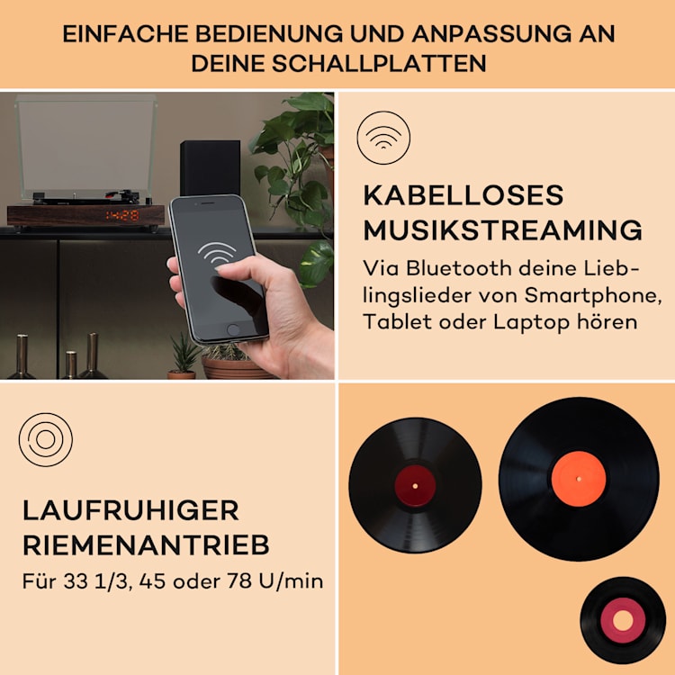 auna TT-Classic Chrono Plattenspieler Staubschutz Bluetooth inkl. Lautsprecher 33/45/78 U/min Holz