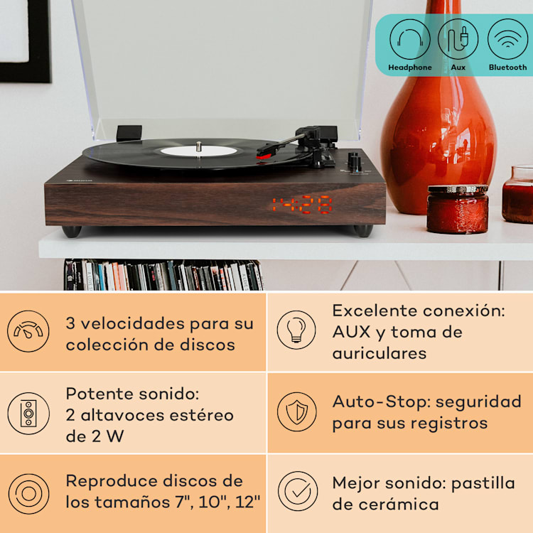 Tocadiscos TT-Classic Chrono, cubierta antipolvo Bluetooth 33/45/78 rpm madera