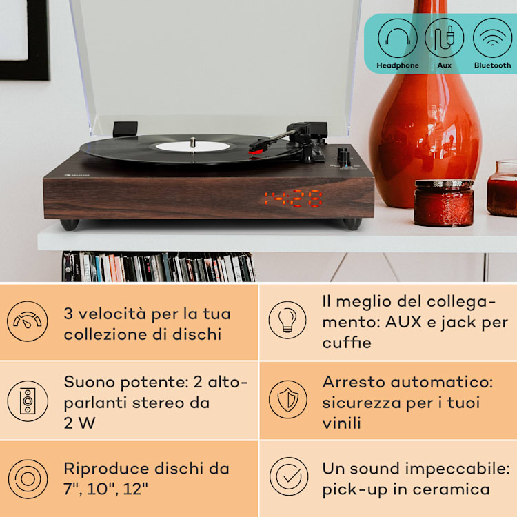auna TT-Classic Chrono - Giradischi, copertura antipolvere, Bluetooth, altoparlanti incl., 33/45/78 giri/min. Di legno