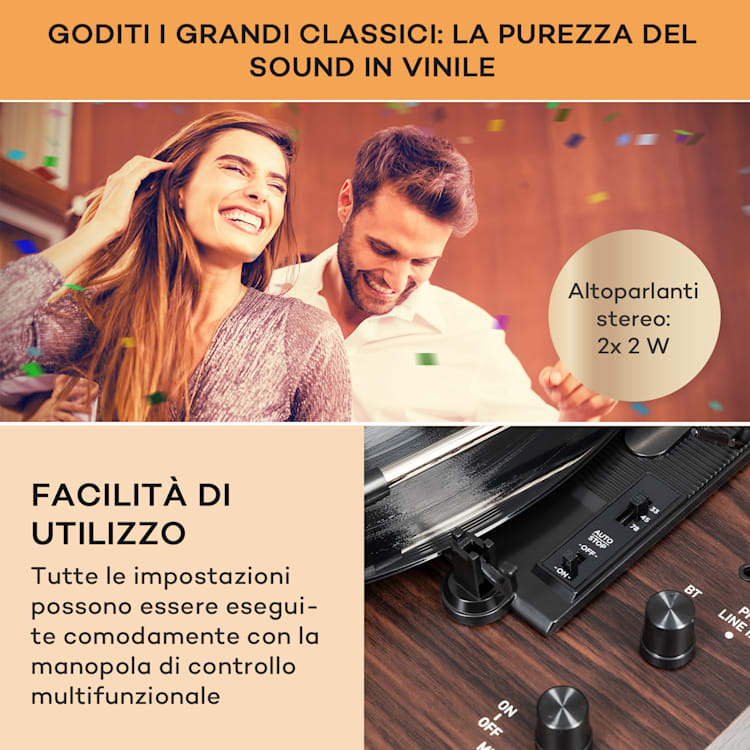 auna TT-Classic Chrono - Giradischi, copertura antipolvere, Bluetooth, altoparlanti incl., 33/45/78 giri/min. Di legno