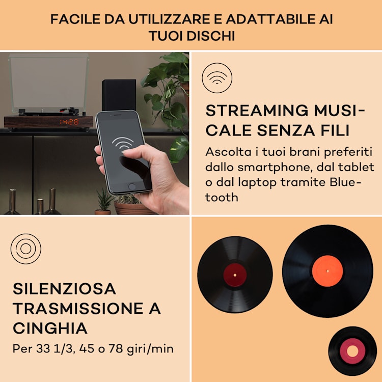 auna TT-Classic Chrono - Giradischi, copertura antipolvere, Bluetooth, altoparlanti incl., 33/45/78 giri/min. Di legno