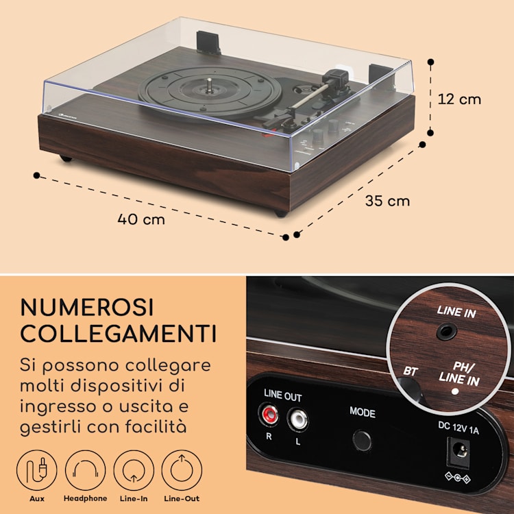 auna TT-Classic Chrono - Giradischi, copertura antipolvere, Bluetooth, altoparlanti incl., 33/45/78 giri/min. Di legno
