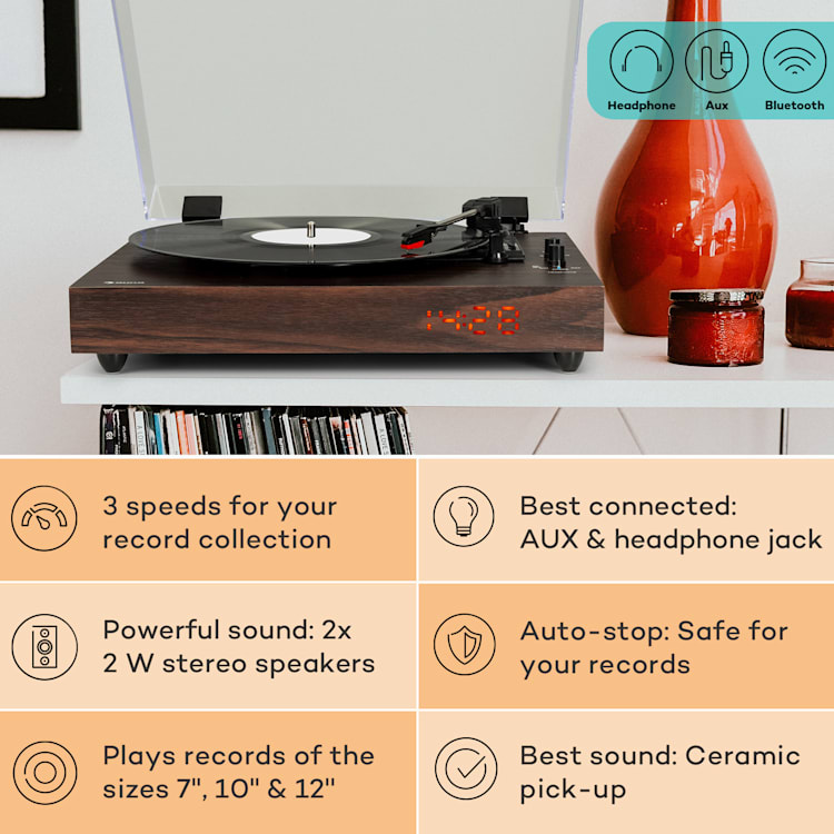 auna TT-Classic Chrono -levysoitin pölysuoja Bluetooth sis. kaiuttimen 33/45/78 rpm puu