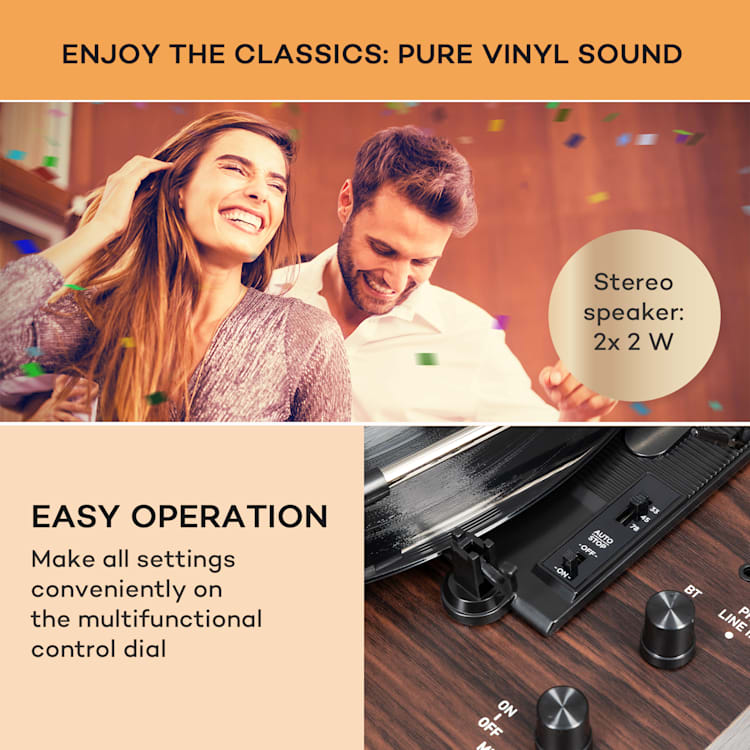 auna TT-Classic Chrono -levysoitin pölysuoja Bluetooth sis. kaiuttimen 33/45/78 rpm puu