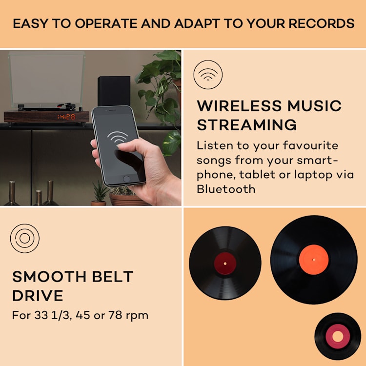 auna TT-Classic Chrono -levysoitin pölysuoja Bluetooth sis. kaiuttimen 33/45/78 rpm puu