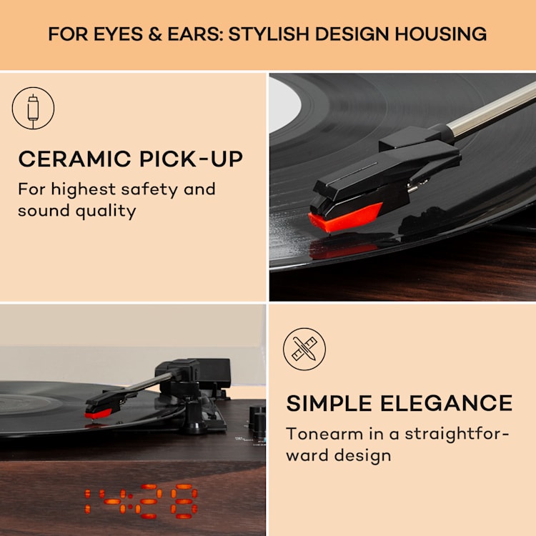auna TT-Classic Chrono -levysoitin pölysuoja Bluetooth sis. kaiuttimen 33/45/78 rpm puu