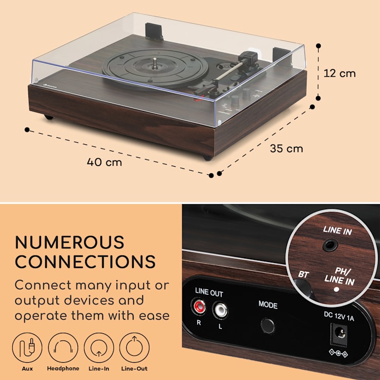 auna TT-Classic Chrono -levysoitin pölysuoja Bluetooth sis. kaiuttimen 33/45/78 rpm puu
