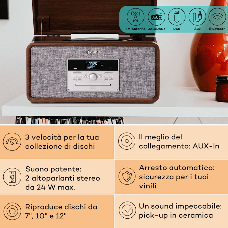 Mary Ann - Giradischi, 33 ⅓/45/78 giri, CD, DAB+, FM, BT, USB Legno scuro