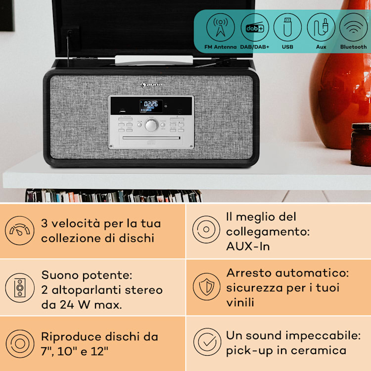 Bella Ann - Impianto stereo con giradischi, radio DAB+/FM, USB, Bluetooth Nero