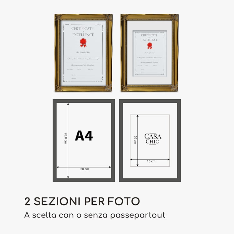 Regent - Cornice rettangolare, A4, foto, passepartout, vetro, rococò Oro