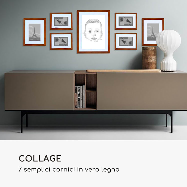Chalcot set composto da 7 cornici, 3 dimensioni, rettangolari, passepartout, legno ruggine