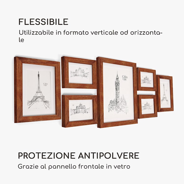Chalcot set composto da 7 cornici, 3 dimensioni, rettangolari, passepartout, legno ruggine