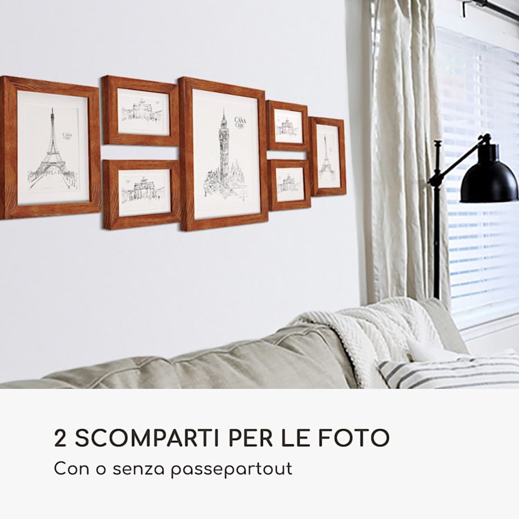Chalcot set composto da 7 cornici, 3 dimensioni, rettangolari, passepartout, legno ruggine
