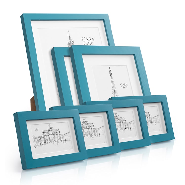 Chalcot Set de 7 marcos de fotos de 3 tamaños rectangulares paspartú de madera auténtica Turquesa
