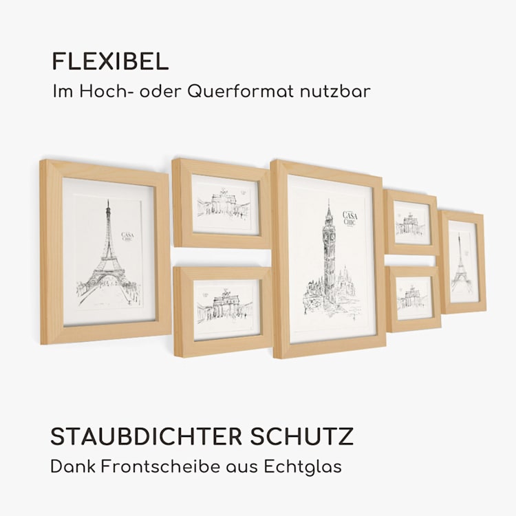 Chalcot Bilderrahmen 7er-Set 3 Größen rechteckig Passepartout Echtholz Natur