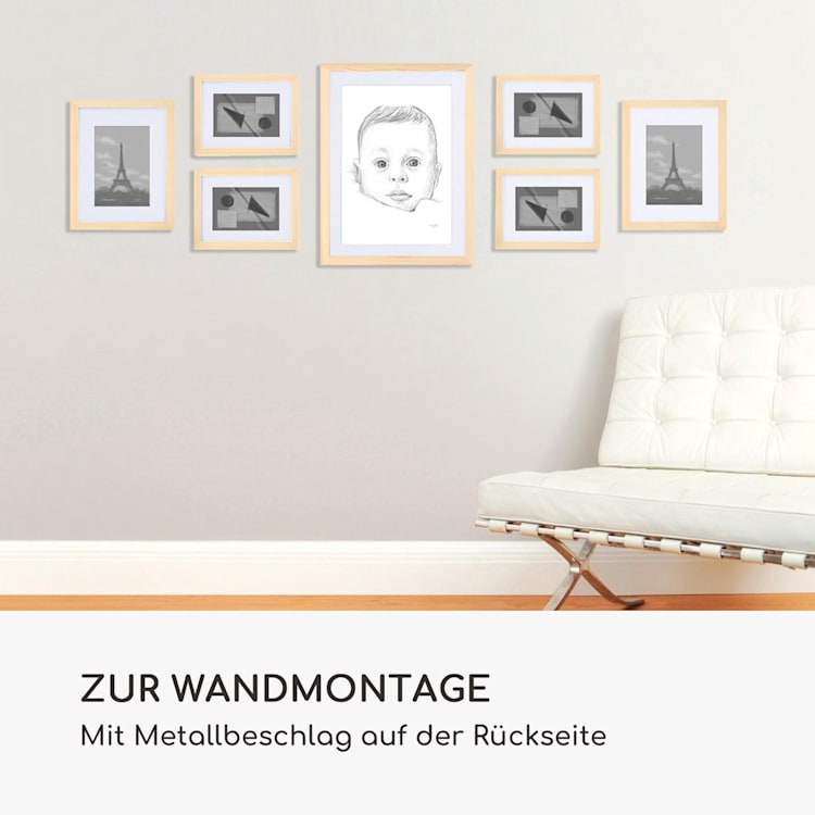Chalcot Bilderrahmen 7er-Set 3 Größen rechteckig Passepartout Echtholz Natur