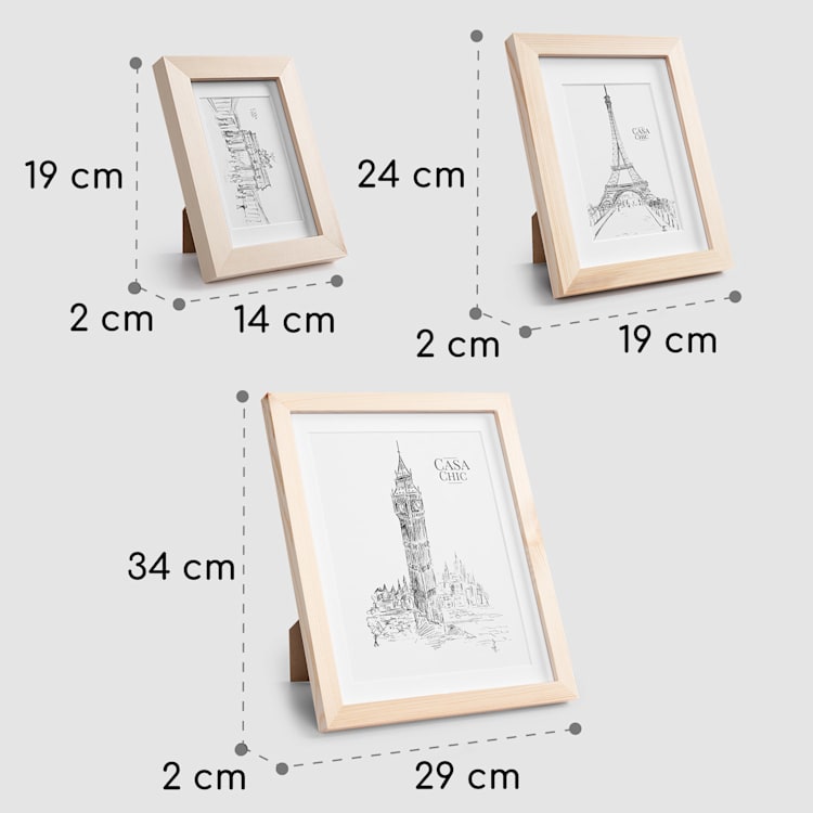 Chalcot Set de 7 marcos de fotos de 3 tamaños rectangulares paspartú de madera auténtica Natural