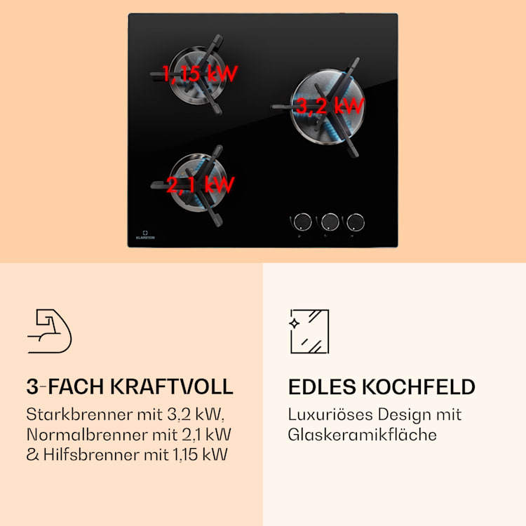 Trifecta 3 Gaskochfeld 3-flammig Stark-, Normal- und Hilfsbrenner Glaskeramik 3 Brenner | Schwarz