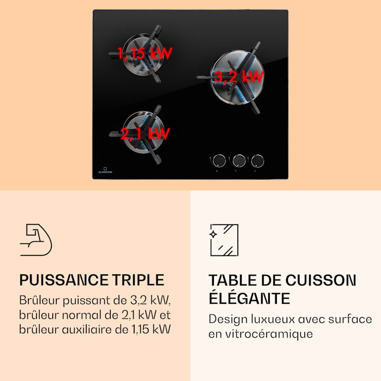 Trifecta 3 Plaque de cuisson à gaz 3 feux brûleur rapide normal et auxiliaire vitrocéramique 3 brûleur | Noir