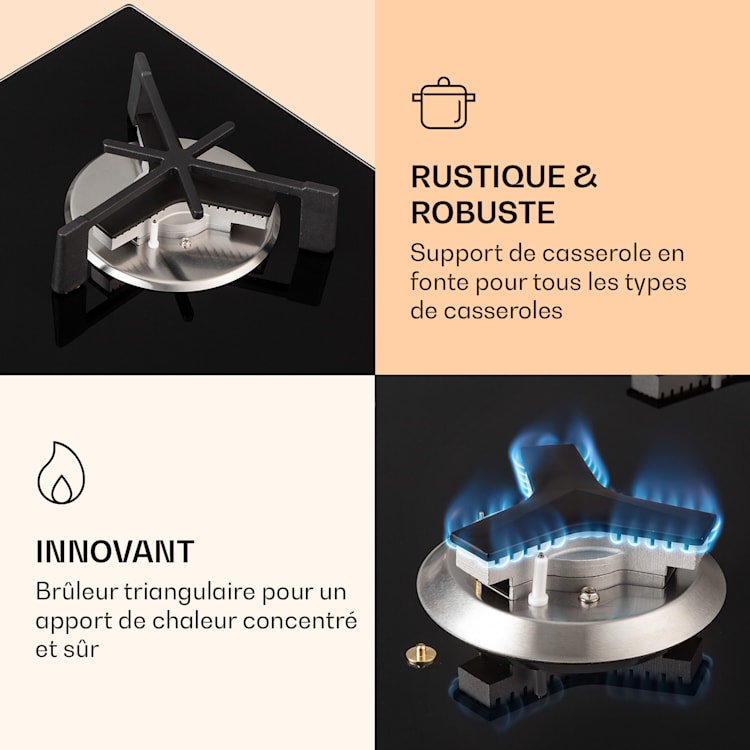 Trifecta 3 Plaque de cuisson à gaz 3 feux brûleur rapide normal et auxiliaire vitrocéramique 3 brûleur | Noir