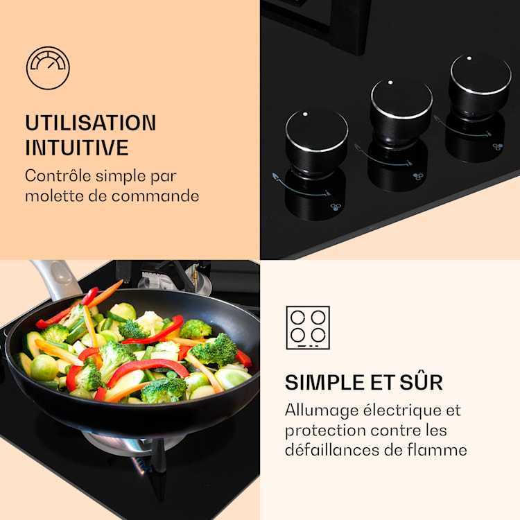Trifecta 3 Plaque de cuisson à gaz 3 feux brûleur rapide normal et auxiliaire vitrocéramique 3 brûleur | Noir