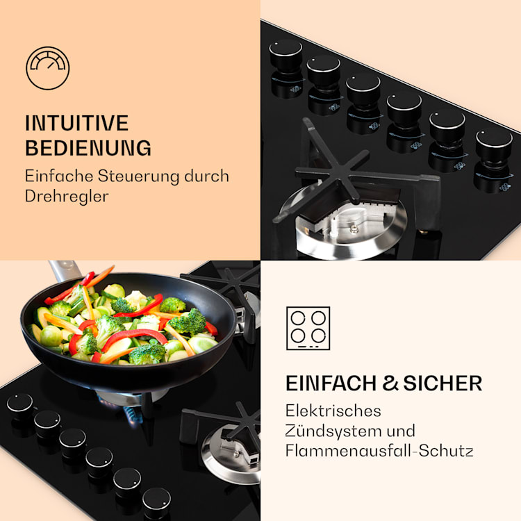 Trifecta 6 Gaskochfeld 6-flammig Stark-, Normal- und Hilfsbrenner Glaskeramik 6 Brenner | Schwarz
