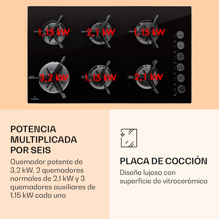 Trifecta 6 Placa de gas de 6 quemadores de alta potencia, normales y auxiliares 6 fogones | Negro