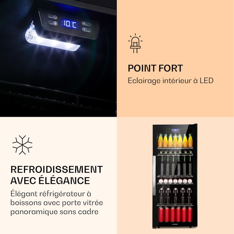 Beersafe 7XL Réfrigérateur 242 litres 5 clayettes Porte en verre panoramique Acier inoxydable 242 L | Onyx