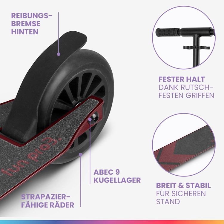 THREE Deluxe Kinderroller LED ab 6 Jahren ABEC 9-Kugellager faltbar höhenverstellbar DeLuxe | Wein