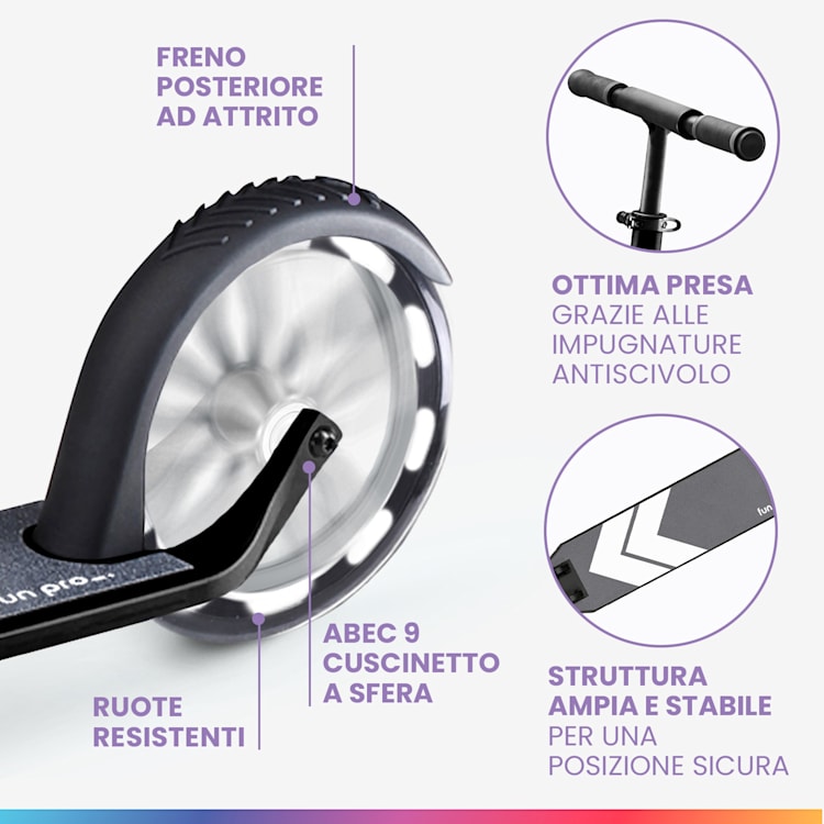 FIVE Deluxe monopattino, LED, a partire dai 10 anni, pieghevole, altezza regolabile, cinghia di trasporto, freno ad attrito