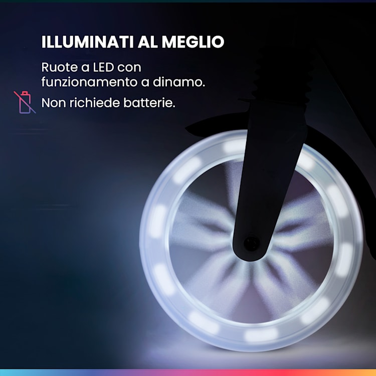 FIVE Deluxe monopattino, LED, a partire dai 10 anni, pieghevole, altezza regolabile, cinghia di trasporto, freno ad attrito