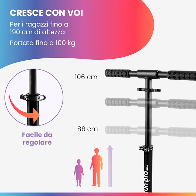 FIVE Deluxe monopattino, LED, a partire dai 10 anni, pieghevole, altezza regolabile, cinghia di trasporto, freno ad attrito