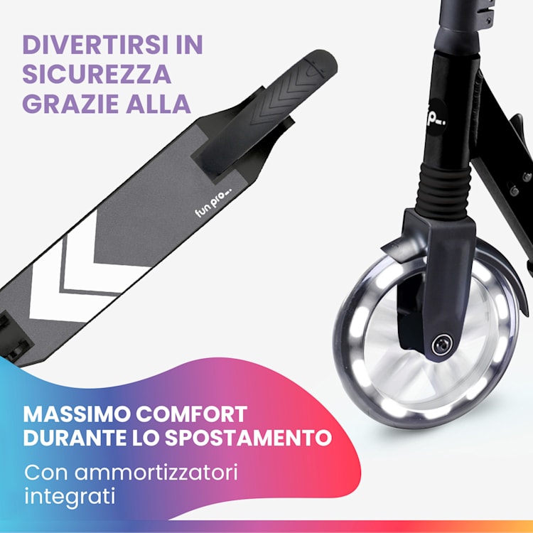 FIVE Deluxe monopattino, LED, a partire dai 10 anni, pieghevole, altezza regolabile, cinghia di trasporto, freno ad attrito