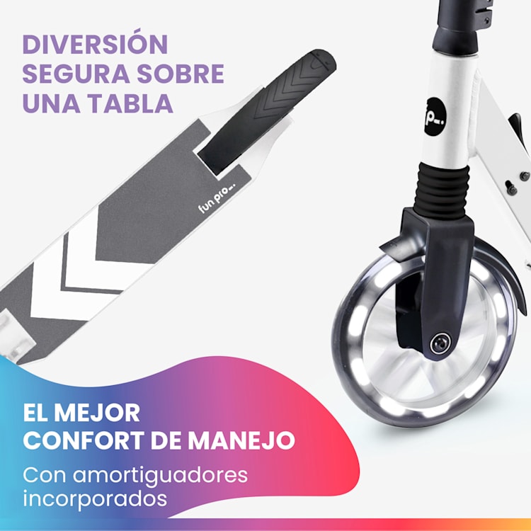 FIVE Deluxe Patinete de niños Led A partir de 10 años Plegable Altura ajustable Correa de transporte Freno de fricción De lujo | Blanco