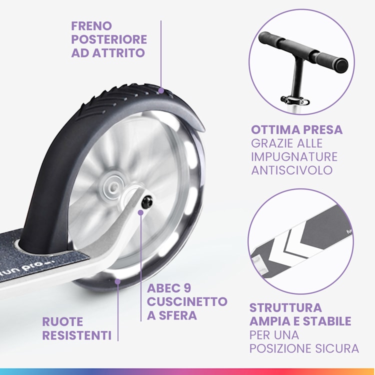 FIVE Deluxe monopattino, LED, a partire dai 10 anni, pieghevole, altezza regolabile, cinghia di trasporto, freno ad attrito