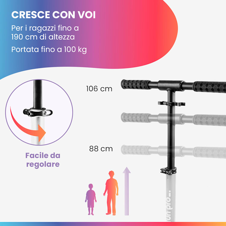 FIVE Deluxe monopattino, LED, a partire dai 10 anni, pieghevole, altezza regolabile, cinghia di trasporto, freno ad attrito