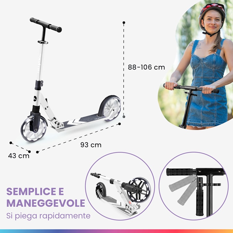 FIVE Deluxe monopattino, LED, a partire dai 10 anni, pieghevole, altezza regolabile, cinghia di trasporto, freno ad attrito