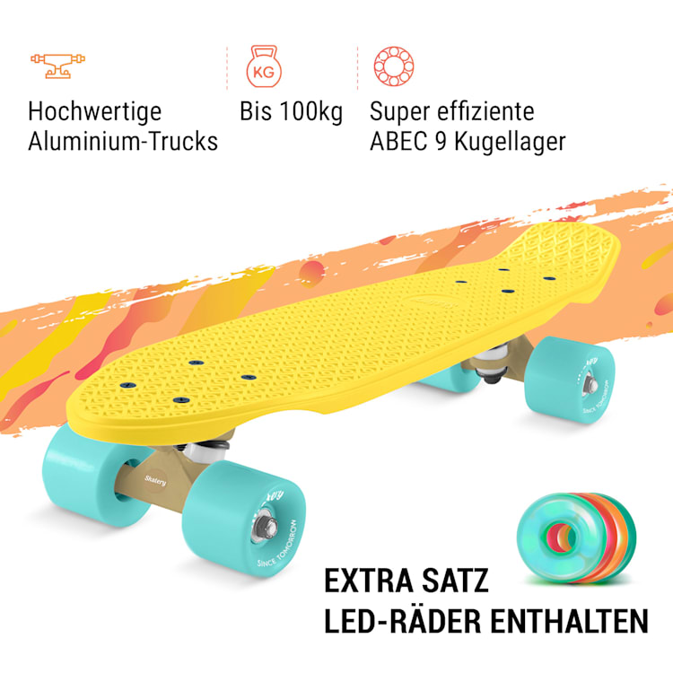 Mini Cruiser Skateboard Trickboard PP-Board 100kg LED-Rollen PU Härte: 88A Gelb | Blau