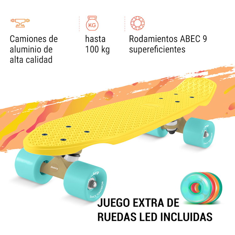 Mini Cruiser Monopatín Patinete de acrobacias Tabla de PP 100kg Ruedas con led Dureza PU: 88A Amarillo | Azul