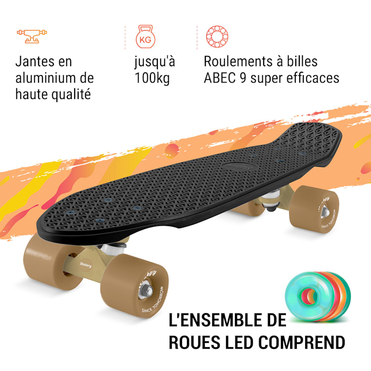 Skateboard Mini Cruiser Trickboard PP-Board 100kg Roues à LED PU Dureté : 88A Noir | Doré